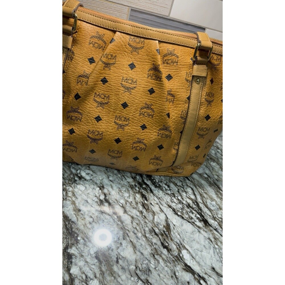 MCM Visetos Cognac 2-Way Tote EUC Fantastic Bag For Fall Plastic on Hardware - Picture 7 of 16